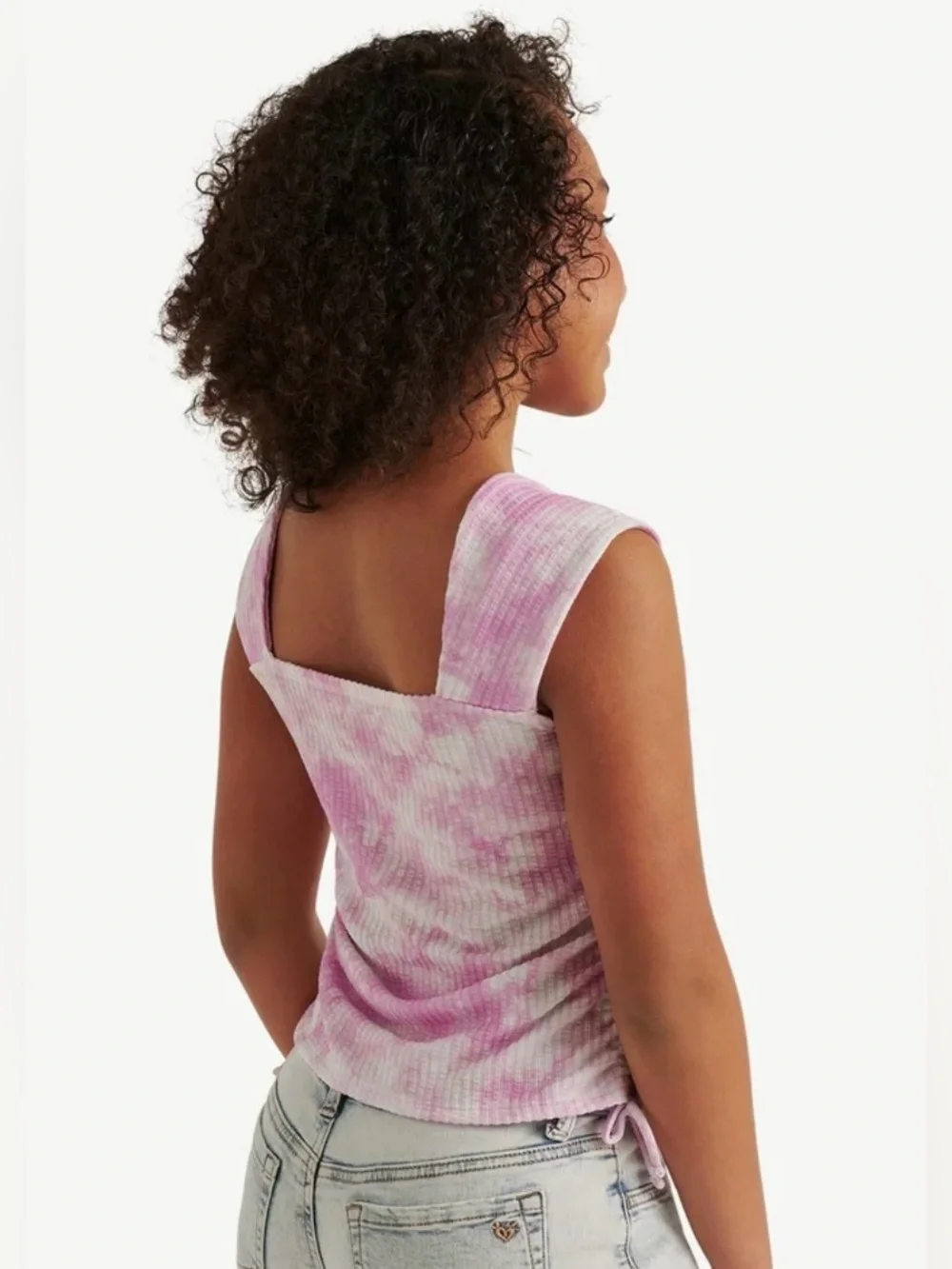 Justice Girls XS 5/6 Pink Tie Dye Ribbed Cinch Side Square Neck Top NWT